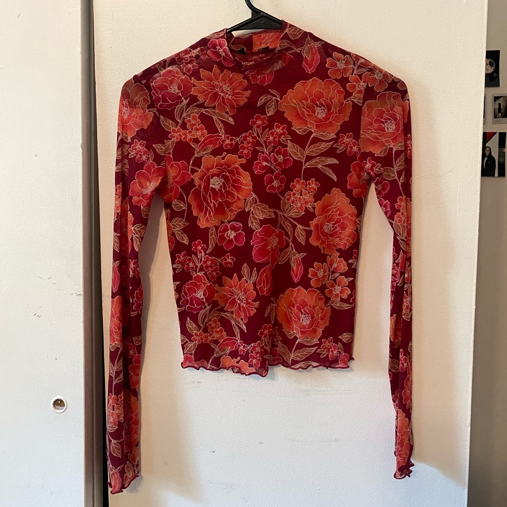 Mesh Long Sleeve Red Floral Top